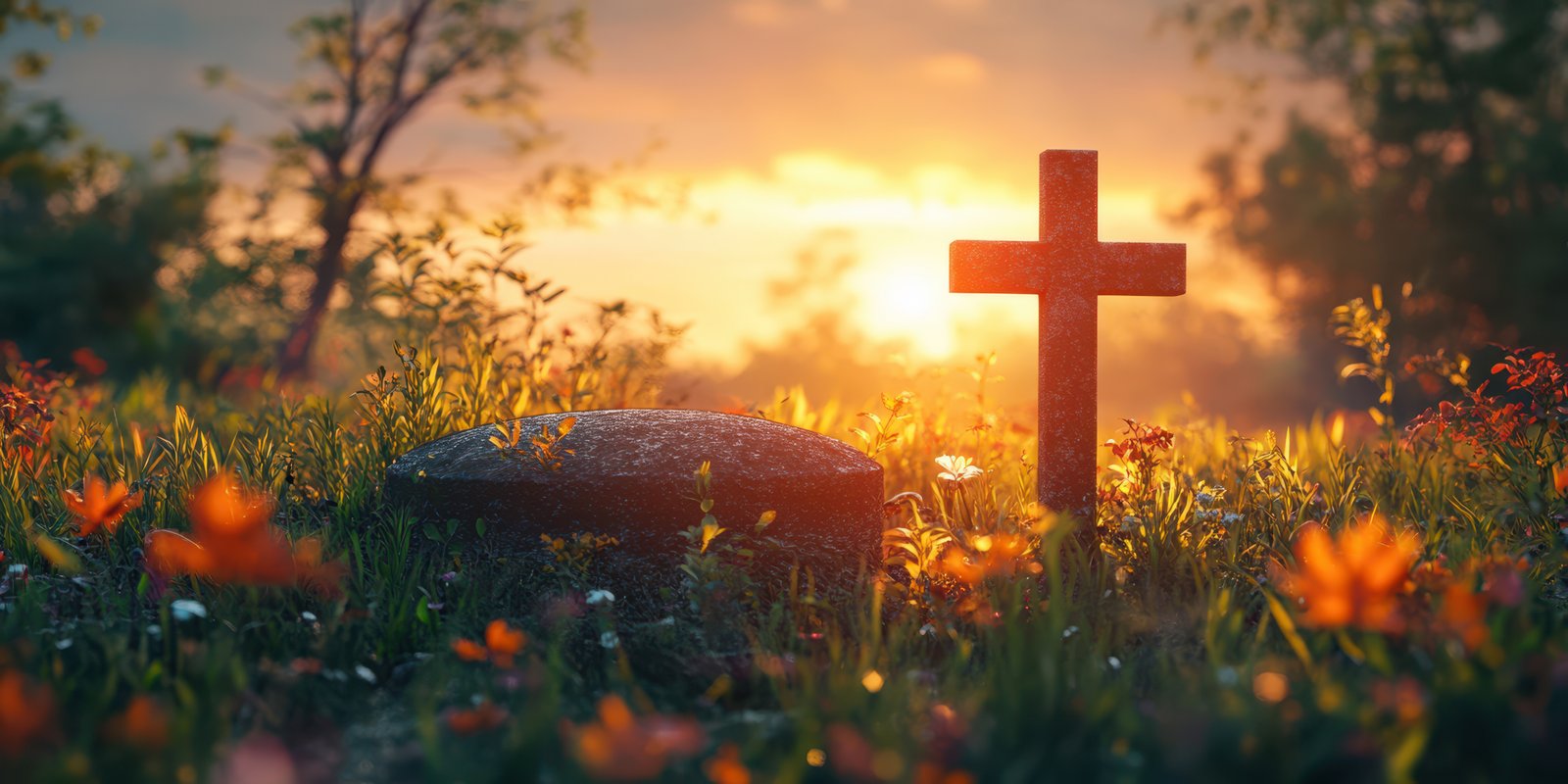 Sunset over a grave marked by a cross surrounded by vibrant flowers in a serene meadow